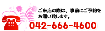 ご来店の際は、事前にご予約をお願い致します。　042-666-4600