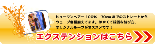 エクステンションはこちら・・ヒューマンヘアー100％　70cmまでのストレートからウェーブ各種揃えています。はやくて綺麗な結び方、オリジナルループがオススメです！